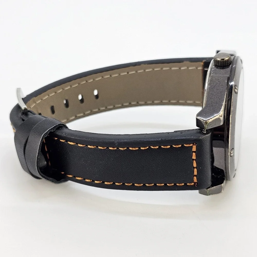 Men's Analog Watch 46MM Black Dial Brown Faux Leather Bands New Battery